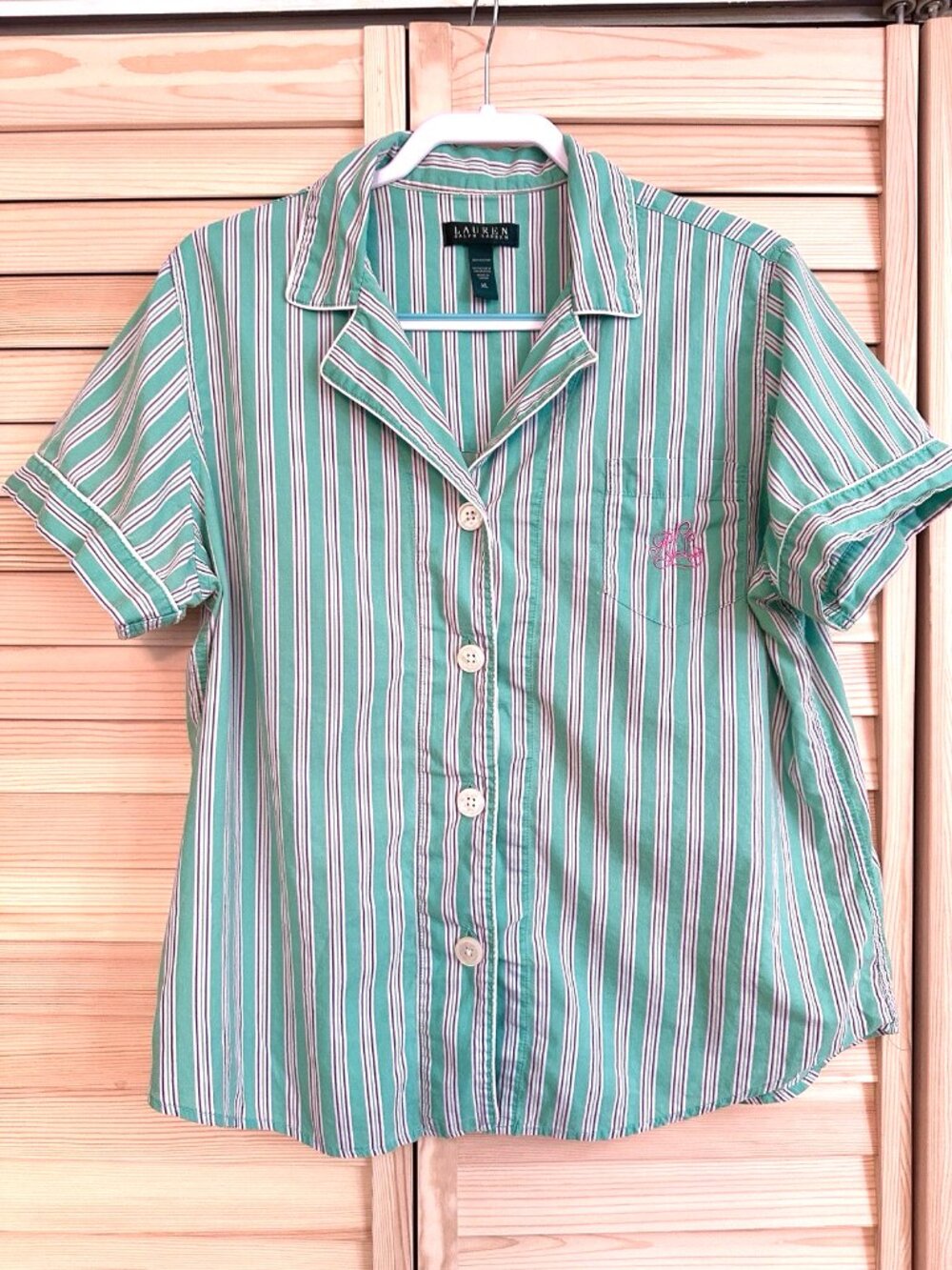 Lauren Ralph Lauren Pajama Top Women XL Green Stripe Button Front Embroidered